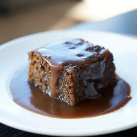 Close-up photo shows a moist slice of Weekend Cabin-Style Sticky Toffee Pudding, ready to serve, invitingly delicious.