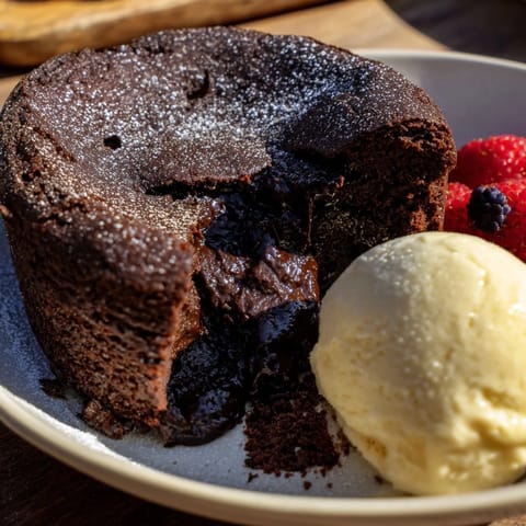 Freshly baked cocoa-warm dark chocolate lava cakes, with optional berries and a dusting of powdered sugar.