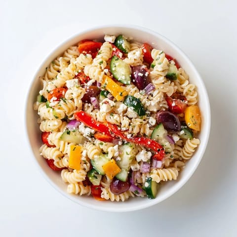 This Mediterranean Olive Oil and Feta Pasta Salad features tender pasta, vibrant tomatoes, and a bright dressing.