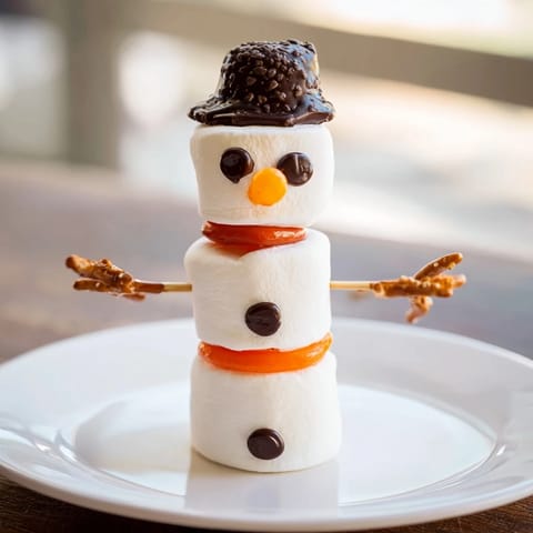 These adorable Marshmallow Snowman Stick treats display melted chocolate faces and candy carrot noses.