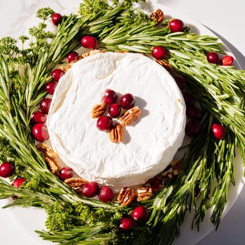 Creamy Brie Cheese Wheel with Rosemary Wreath, ready to serve with crackers for a delightful appetizer.