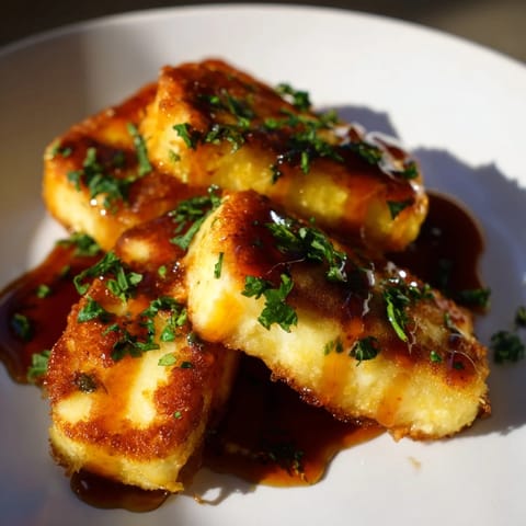 Visually appealing stack of Fried Hot Honey Halloumi topped with parsley and ready to serve.