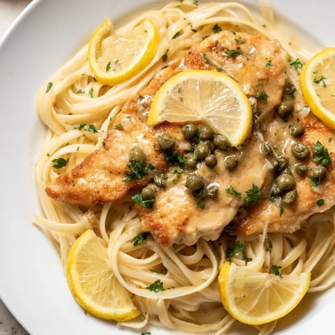 A close-up of quick chicken piccata pasta, showcasing the tender chicken and glistening sauce over pasta.