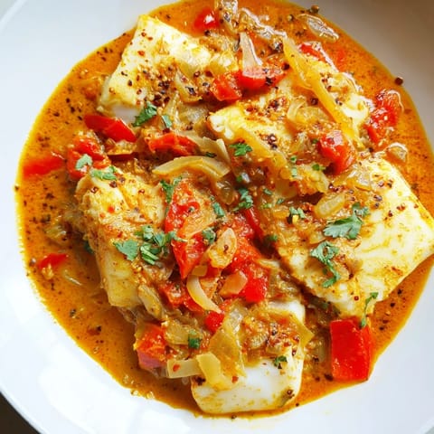 Tender pieces of white fish in a creamy Bahraini Fish Curry, ready to serve with rice.