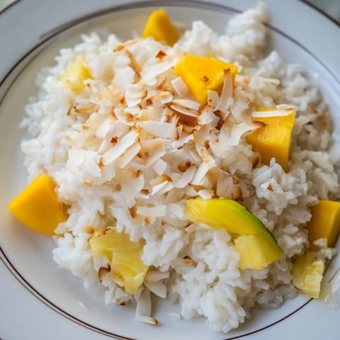 A spoonful of creamy Coconut Rice Sweet with coconut milk and vanilla over jasmine rice.  