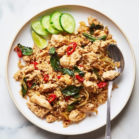 A colorful bowl of Thai Basil Chicken Fried Rice featuring aromatic holy basil, spicy Thai chilies, and fluffy jasmine rice perfect for busy weeknights.