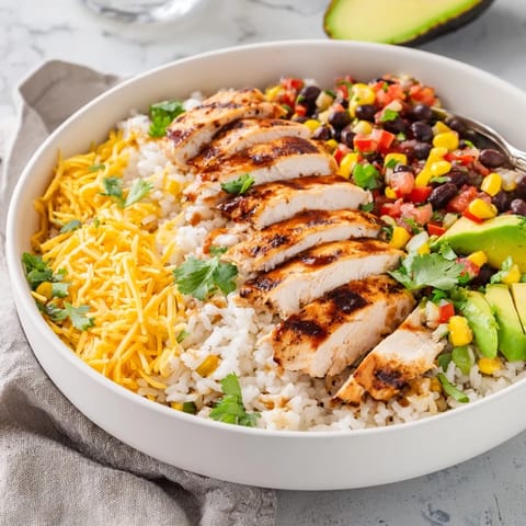 Golden rice forms the base of a colorful Spicy Chicken Burrito Bowl, layered with smoky black beans, sweet corn, and fresh cilantro garnish.  