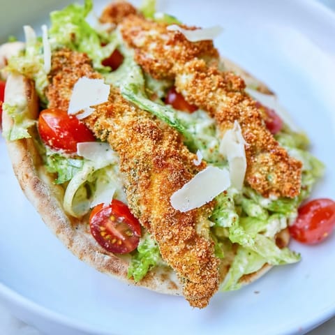 Crispy Chicken Caesar Pita with fresh romaine, shaved Parmesan, and a drizzle of dressing.