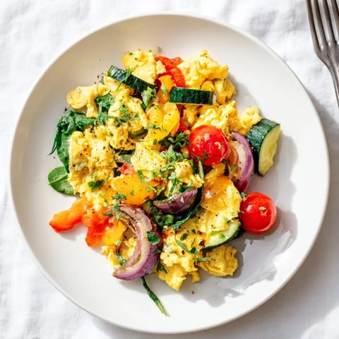Colorful egg and vegetable scramble served warm, featuring zucchini and red onion alongside a side of whole-grain toast.  