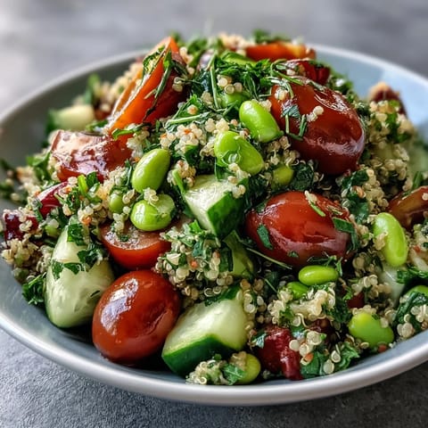 Vibrant green Edamame and Quinoa Salad ready to be served chilled, a healthy meal.