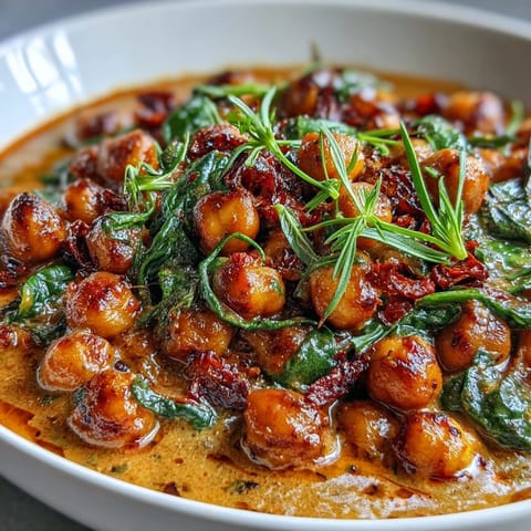 A close-up of Chickpea Curry ladle over steamed basmati rice, with spinach and coconut milk visible.