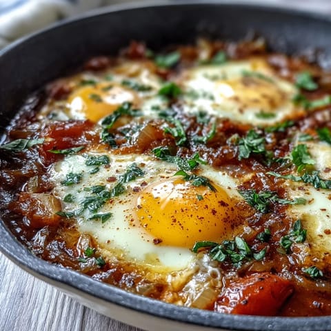 Hearty shakshuka, showcasing runny yolks nestled in rich, simmered tomato goodness.
