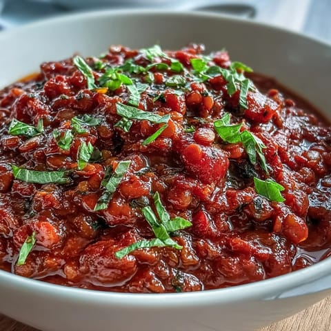 Hearty lentil bolognese sauce simmering with garlic, onions, and tomatoes in a rustic pan.  