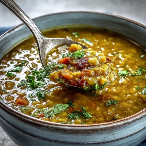 Steaming bowl of Mung Bean Soup garnished with fresh cilantro, with lemon wedges and naan bread on the side.