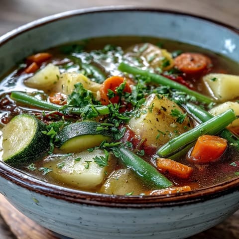 A close-up of hearty Potato and Vegetable Soup in a rustic bowl, garnished with fresh parsley and a side of crusty bread.