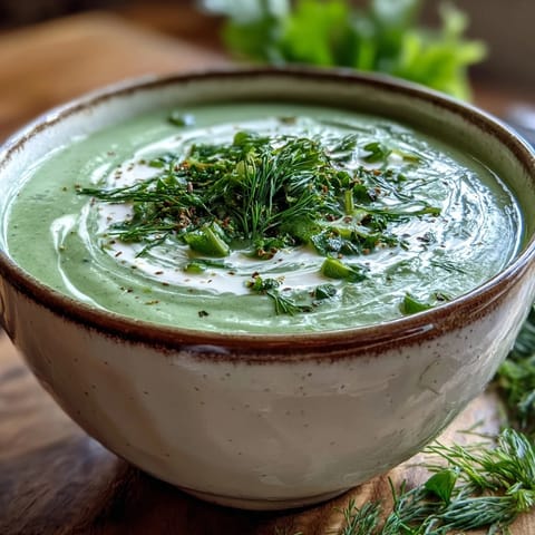 A smooth, pale green Creamy Celery and Herb Soup is served with a slice of crusty bread for dipping.