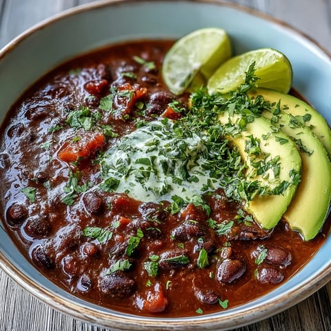 Creamy black bean soup served hot with fresh cilantro, avocado, and a lime wedge in a rustic bowl.
