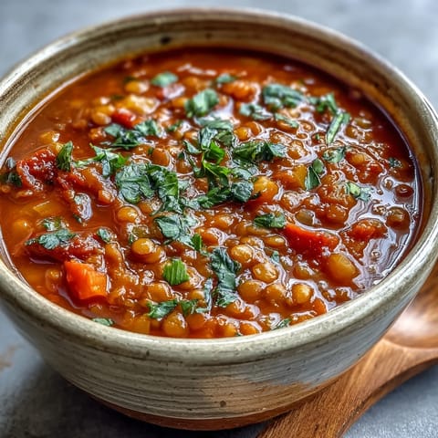 Tomato Lentil Soup in a rustic bowl, garnished with fresh parsley and a lemon wedge next to crusty bread.