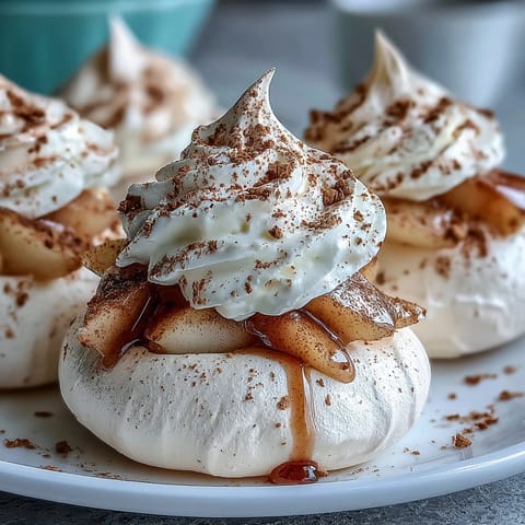 Crisp Mini Hot Toddy Pavlovas topped with whipped cream and poached pears, ready for a cozy holiday dessert table.