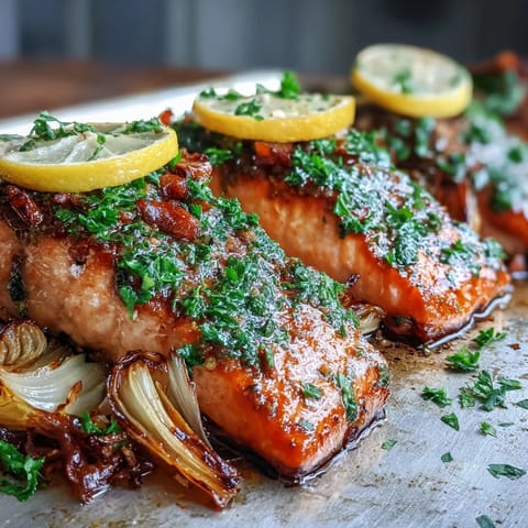 Flaky One-Pan Roast Salmon With Leeks, Onions, and Parsley Dressing served with roasted potatoes.