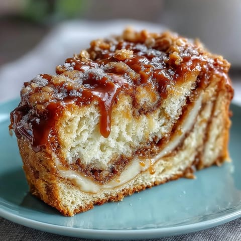 A close-up slice of Caramel Cream Cheese Bread reveals a rich cream cheese center and glossy caramel drizzle on a white plate.