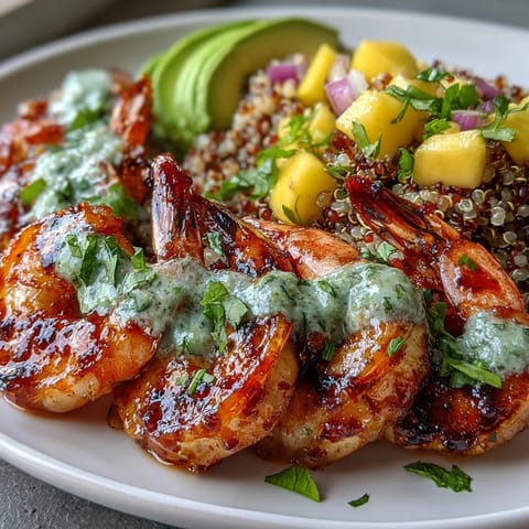 Fresh shrimp and creamy avocado bowls feature juicy mango salsa, zesty lime chili sauce, and a fluffy quinoa base for an easy, vibrant weeknight dinner.