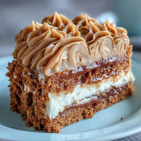 A whole Decadent Baked Biscoff Cake with Creamy Lotus Frosting, topped with piped swirls and a generous drizzle of warm Lotus spread.