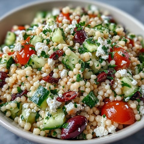 Zesty Mediterranean Pearl Couscous with crunchy veggies and briny kalamata olives, ready to serve for lunch.