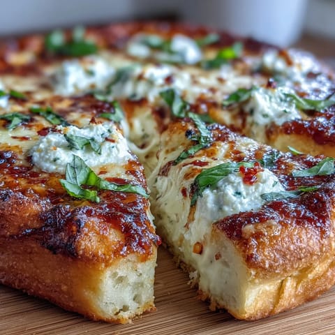 A Hot Honey Ricotta Pizza with bubbly mozzarella and fresh basil, drizzled with warm, spicy honey.