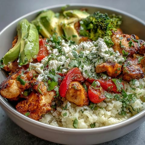 Freshly made Cauliflower Rice Bowl with sautéed chicken, vibrant broccoli, and ripe avocado slices.