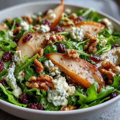 A close-up of the Arugula and Pear Bowl salad with toasted walnuts and a drizzle of balsamic dressing. 