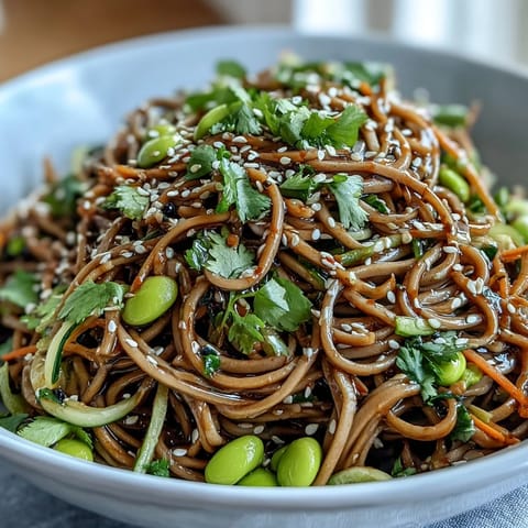 Chilled soba noodle bowl garnished with toasted sesame seeds and scallions, paired with a tall glass of iced green tea for a refreshing lunch.