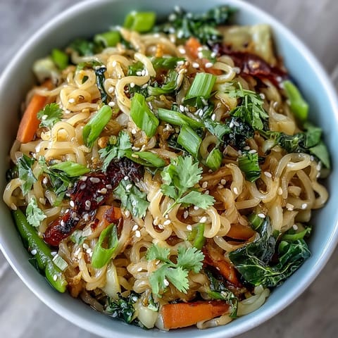 Fragrant Shirataki Noodle Bowl garnished with sesame seeds and fresh herbs, ready to eat hot.