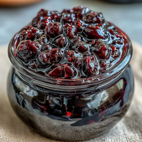 Homemade Black Currant Jam in a glass jar, with a wooden spoonful held high showing the thick, jewel-toned preserve.