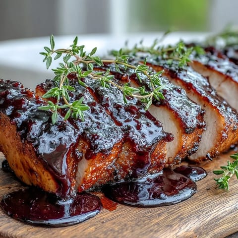 Glossy Black Currant Glaze simmered in a small saucepan with balsamic and honey, perfect for brushed-on flavor.