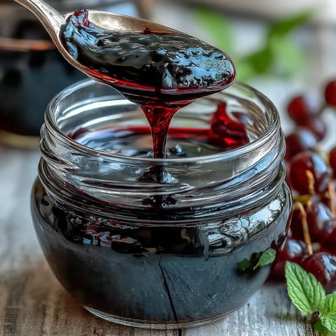 Glossy Black Currant Jelly glistens in a clean glass jar, ready to be spooned onto toast.