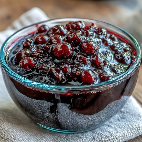 Deep purple Black Currant Sauce simmering in a stainless steel pot with a wooden spoon.