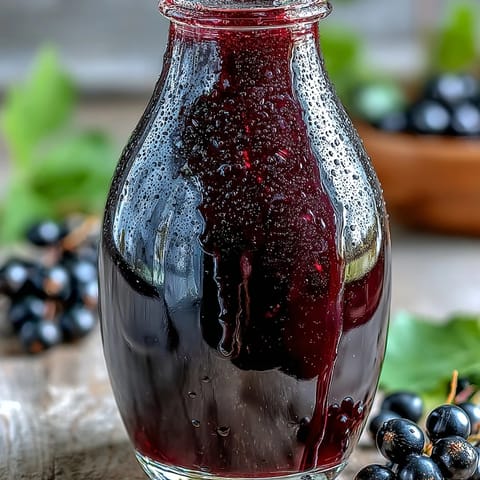 A glass bottle of homemade Black Currant Shrub filled with deep purple syrup next to fresh berries.