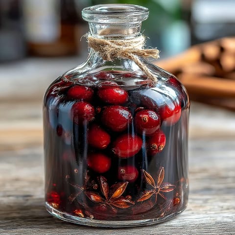 Ready-to-drink Homemade Spiced Blackcurrant Vodka Liqueur served over clear ice cubes in a rocks glass, garnished with fresh blackcurrants and a cinnamon stick. 
