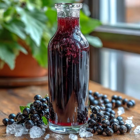 Homemade Easy Blackcurrant Liqueur with deep purple hue, served neat in a small glass over a single ice cube.