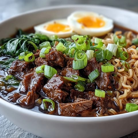 Fork-tender shredded beef and fresh spinach in savory slow cooker beef ramen noodles, garnished with green onions.