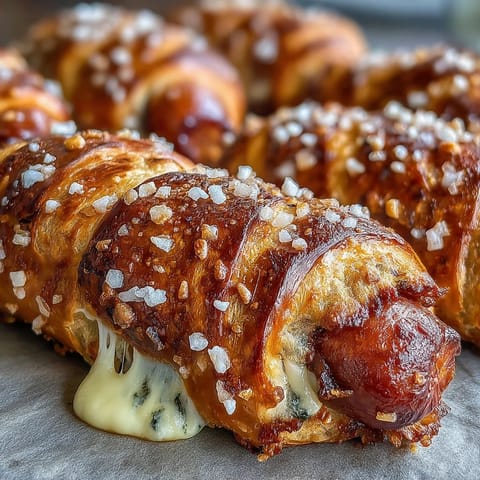 Soft Baked Cheesy Pretzel Dogs resting on parchment, ooey-gooey cheddar peeking from the pretzel-wrapped hot dog.