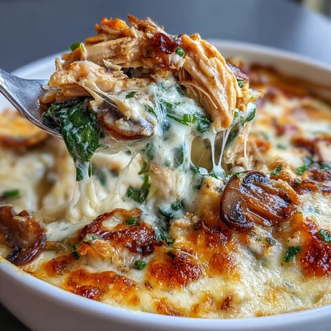 Golden, bubbly mozzarella and parmesan top this baked Chicken Spinach & Mushroom Low Carb Oven Dish, served on a white plate. 