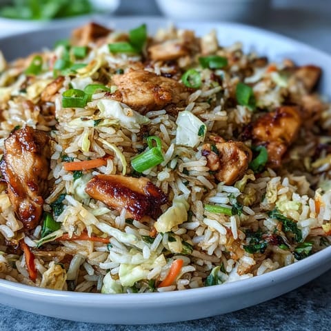 Golden-brown Egg Roll Fried Rice with Chicken is stir-fried with crisp cabbage, carrots, and fluffy scrambled eggs in a savory sauce.
