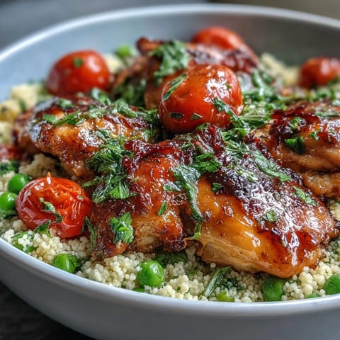 A close-up of One-Pan Garlic Butter Chicken Couscous shows tender chicken and savory couscous with vibrant cherry tomatoes and peas.