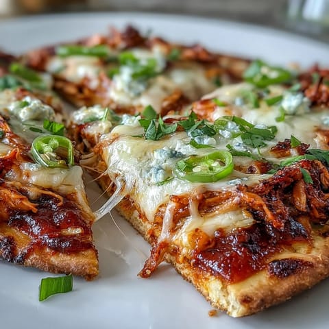 Crispy garlic naan bases are covered in red enchilada sauce and tender shredded chicken for a fusion meal.