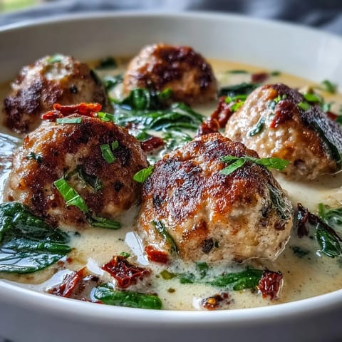 Creamy Tuscan Turkey Meatball Soup steaming in a bowl, topped with fresh basil and extra Parmesan.