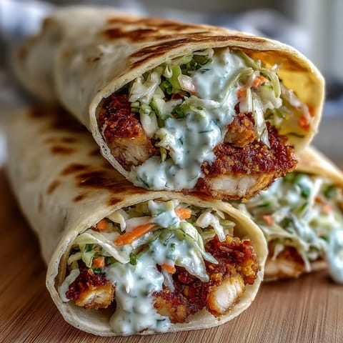 Crispy KFC Turkey Snack Wraps stuffed with golden fried turkey, spicy Korean slaw, and ranch drizzle on a warm flour tortilla.