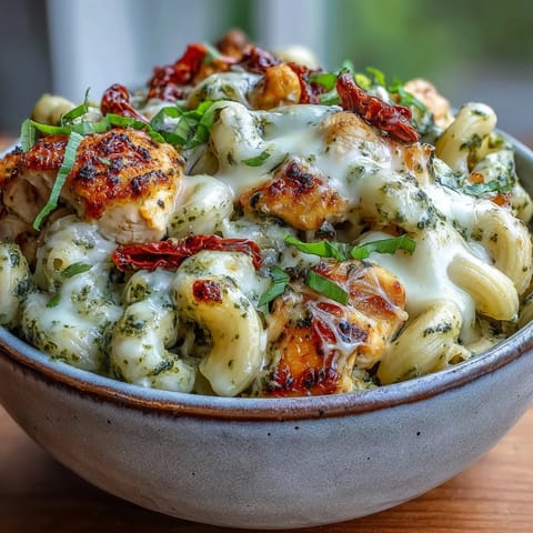Close-up of Pesto Chicken Chili Mac served in a rustic bowl, garnished with fresh basil and Parmesan.