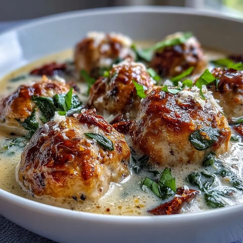 Creamy Tuscan Turkey Meatball Soup served in a rustic bowl, garnished with fresh basil and a Parmesan topping.